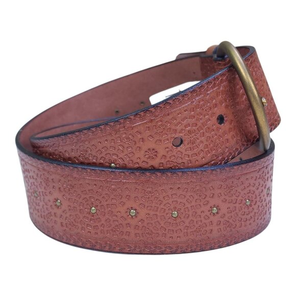 Fossil Boho Embossed Leather Belt Brass Buckle Brown Fits Waist 31-35" 1.75" - Picture 2 of 12